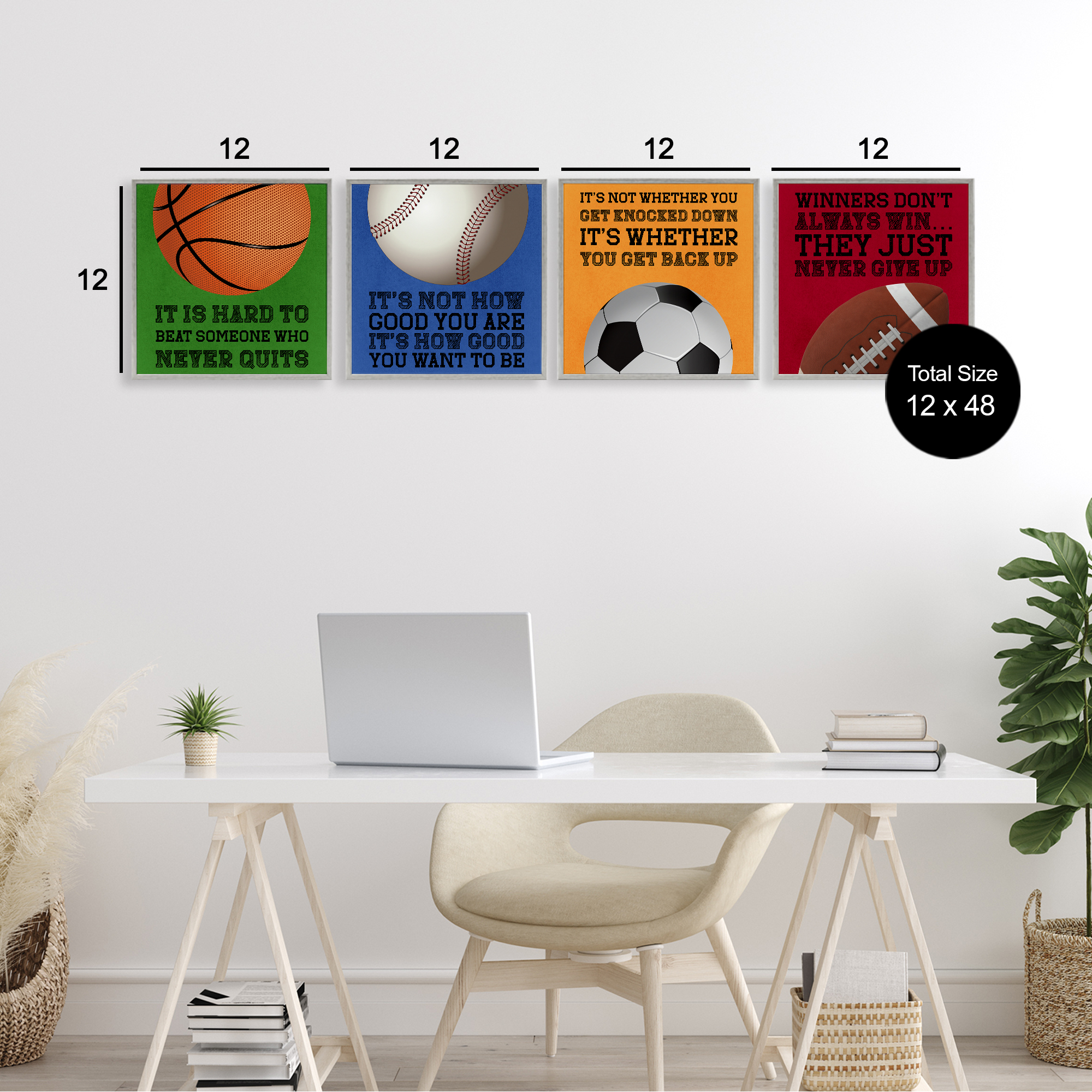 Motivational Sports Determination 4 Piece Gray Framed Giclee Art Set, design by Marcus Prime