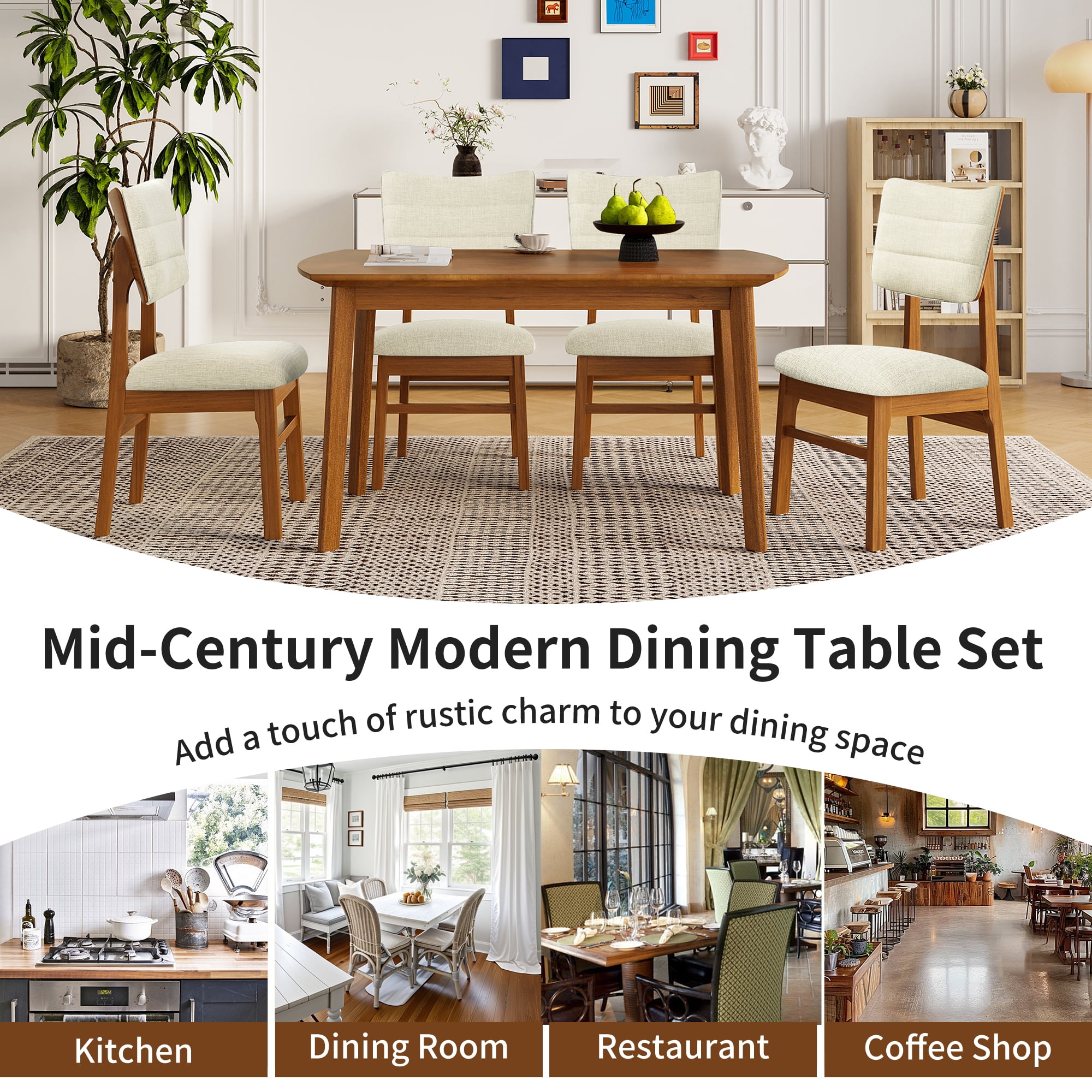 Euroco 5-Piece Wood Dining Table Set for 4,Farmhouse Kitchen Table & 4 Upholstered Chairs Set with Curved Backrest for Kitchen, Dining Room,Space-Saving,Brown+Biege