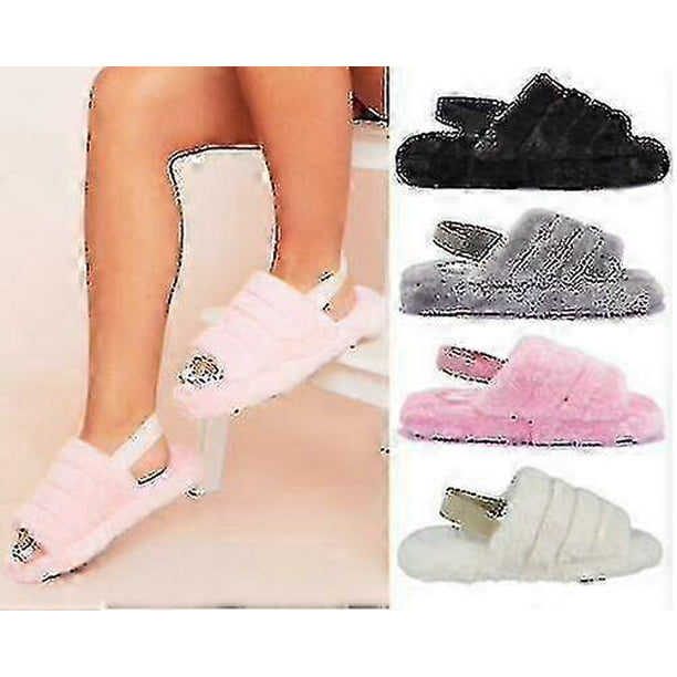 Ladies Womens Faux Fur Fluffy Sliders Slip On Sling Back Warm Slippers Sandals VCNMR