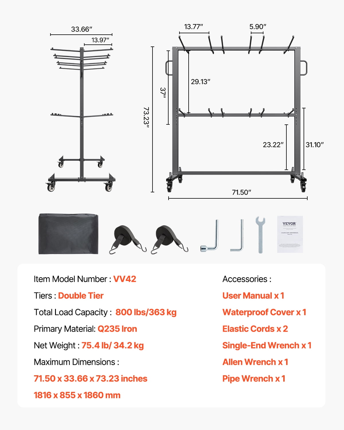 VEVOR Folding Chair Rack, 800 LBS Capacity, Heavy-duty Chair Cart for 84 Chairs/ 12 Tables+42 Chairs, Dual-layer Chair Storage Dolly with Rubber Wheels and Holders, Large Chair Holder, Matte Black