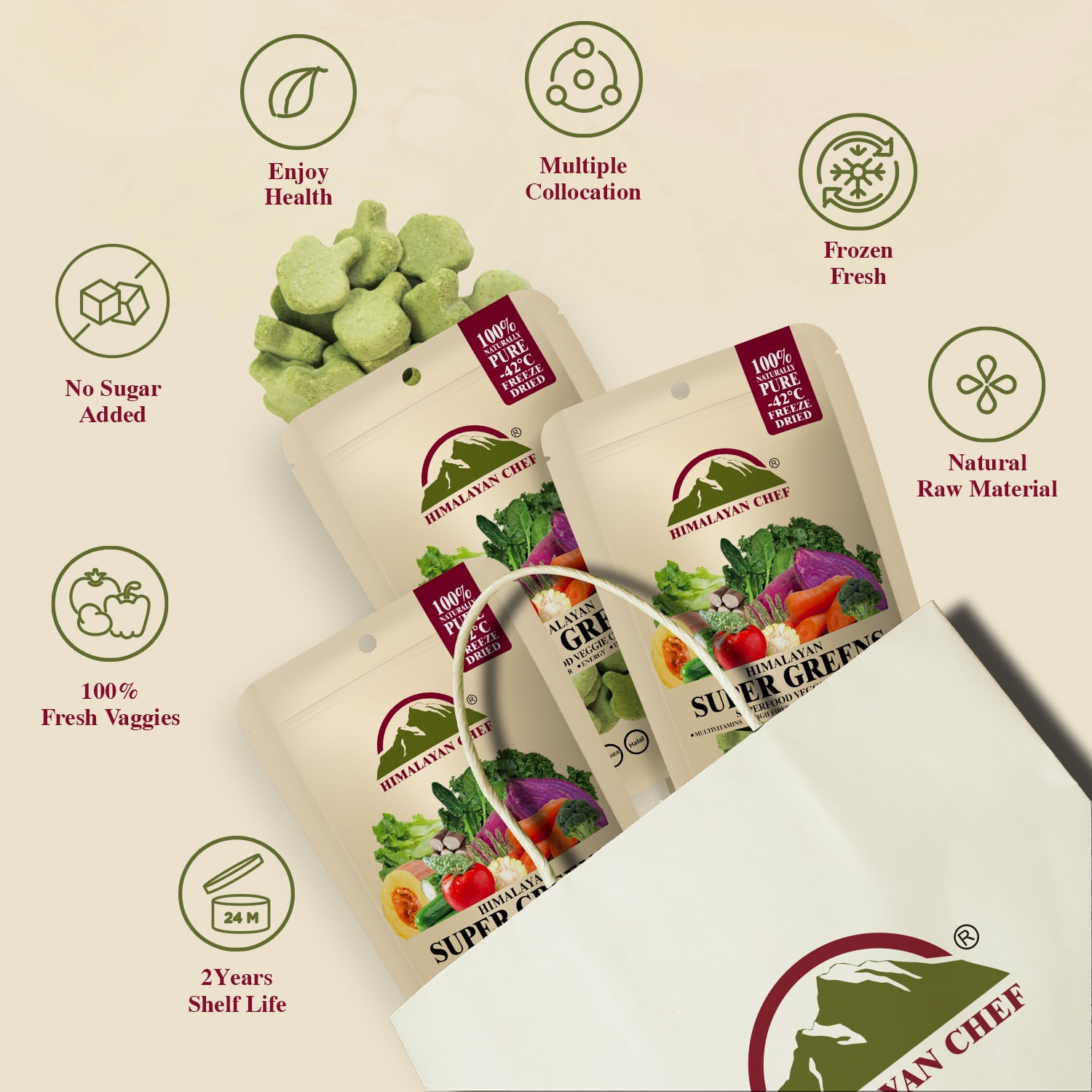 Himalayan Chef Super Greens Veggie Crisp 30g each | Freeze-Dried Superfood Snack | 30+ Organic Green Veggie Mix | Protein-Rich, Nutrient-Packed, Gluten-Free | 10 Pack