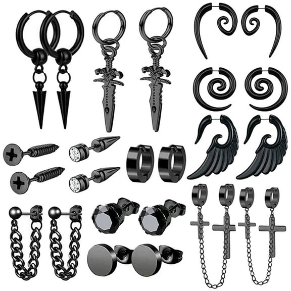 Pyramidti Dangle and Stud Set Black Earrings, Stainless Steel