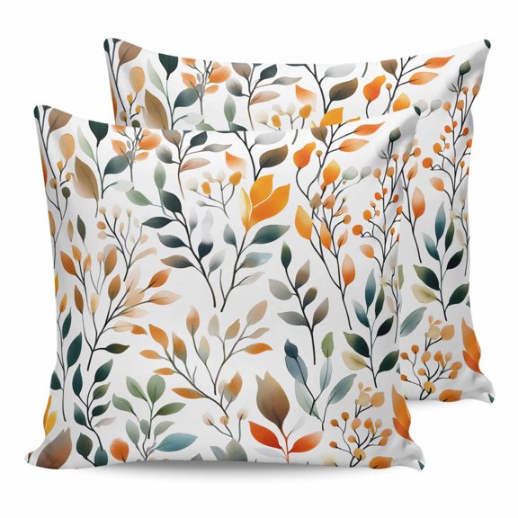 Waterproof Outdoor Throw Pillows with Inserts 18"x18" Set of 2, Green Orange Leaves Soft Decorative Pillowcases for Couch Bedroom, Spring Garden Botanical Pillow Covers for Sofa Living Room