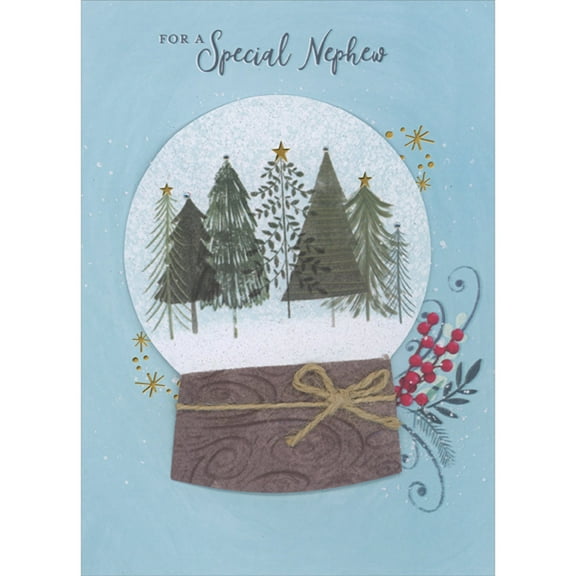 Designer Greetings Trees Inside 3D Die Cut Snow Globe with Brown Base Wrapped in Brown Twine and Bow Hand Decorated Christmas Card for Nephew