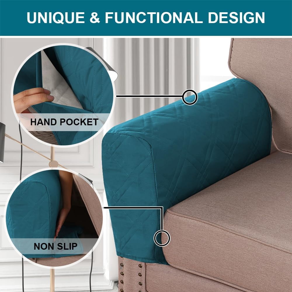 2 Pack Waterproof Armrest Covers for Chairs and Sofas Armrest Covers Couch Arm Covers for Sofa with Side Pocket Anti-Slip Furniture Protector Washable Armrest Slipcovers(Dark Teal)