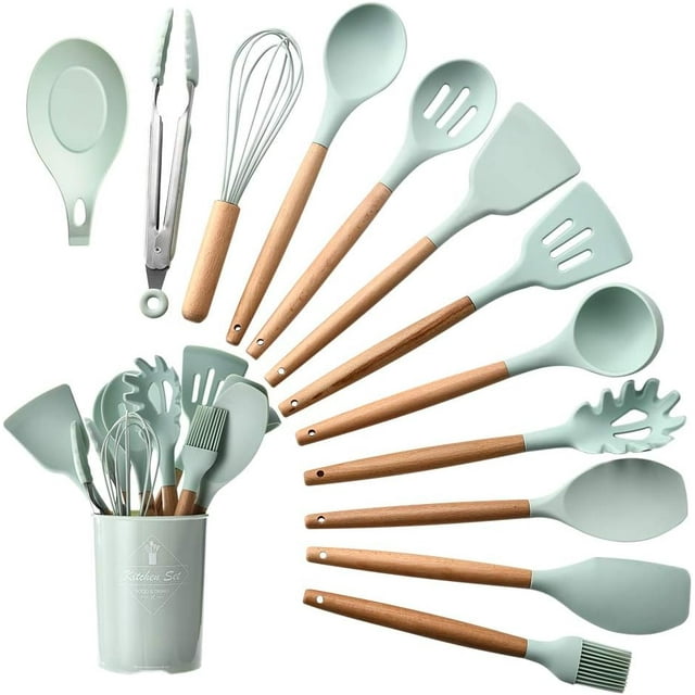 Juego de Utensilios de Cocina: 13 piezas de Uensilios de Cocina de Silicona - Juego de Espátula Antiadherente con Mango de Madera (Verde)