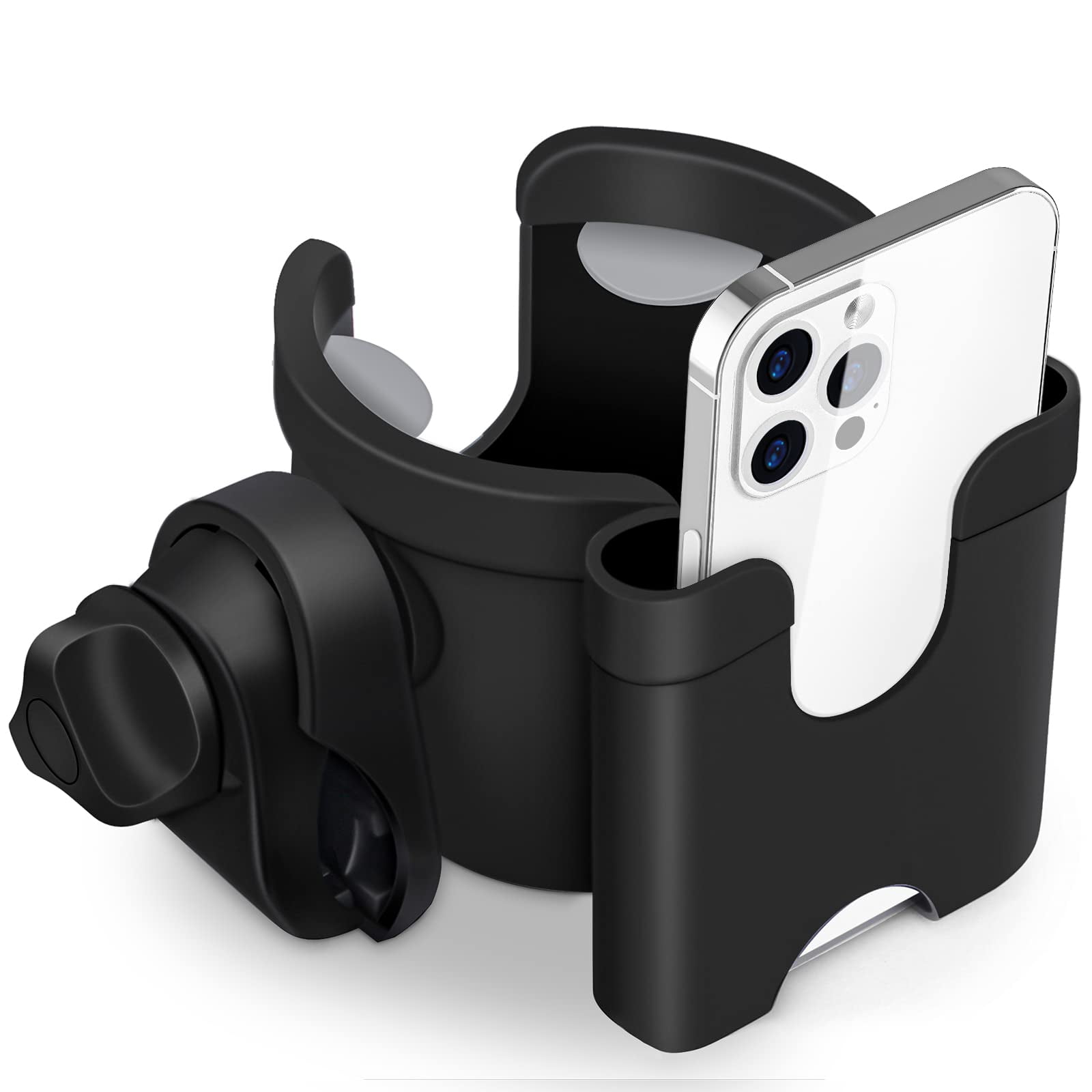 Stroller Cup Holder with Phone Holder/Organizer, Universal Bike Cup Holder, 2-in-1 Bottle Holder for Stroller, Bike, Wheelchair, Walker, Scooter,Black