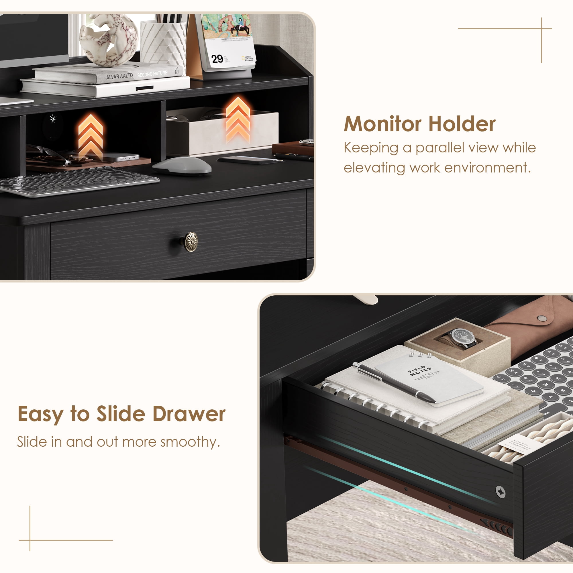 Homfa Black Computer Desk with Monitor Stand, 47in Wide Office Desk with Storage, Modern Executive Desk with File Drawers for Home & Study