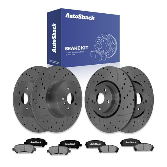 AutoShack Front Vented & Rear Solid Drilled & Slotted Coated Brake Rotors Black Matte Finish   Ceramic Pads 12-PC Brake Kit Replacement for 2008-2013 Toyota Highlander BlackShield