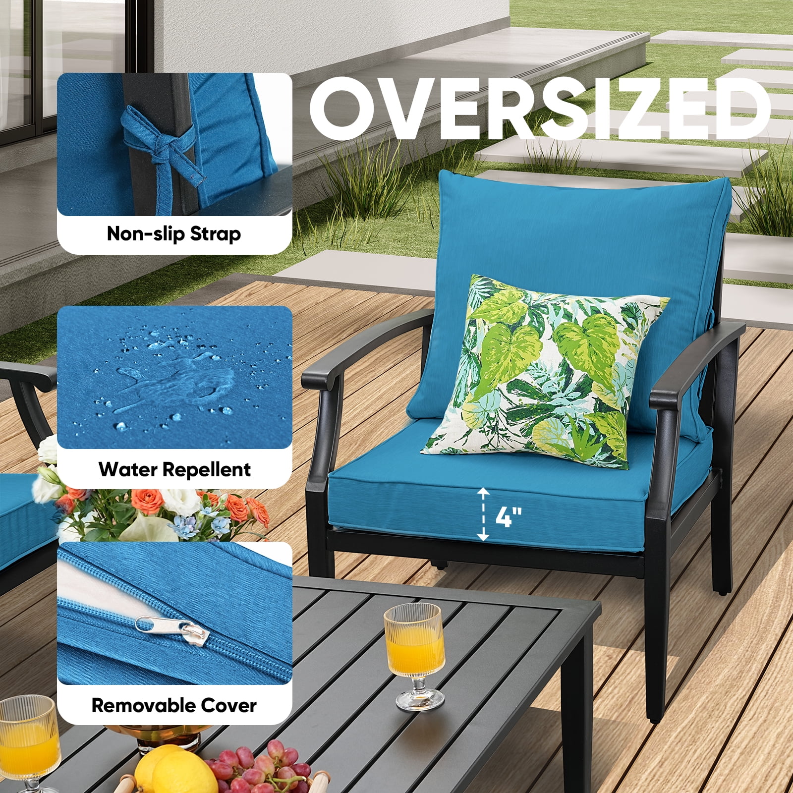 JOYURE 4 pieces Patio Furniture Set w/loveseat,Coffe Table,Outdoor Conversation Metal Sofa with High Back and Thick Cushion,for Backyard,Garden,Peacock blue