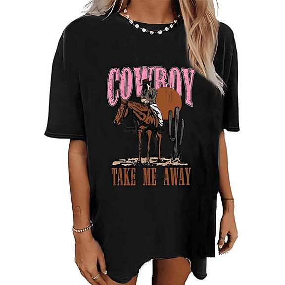 Wild West Cowboys T-Shirt for Women Vintage Country Music Tee Western Rodeo Graphic Tee Short Sleeve Loose Top
