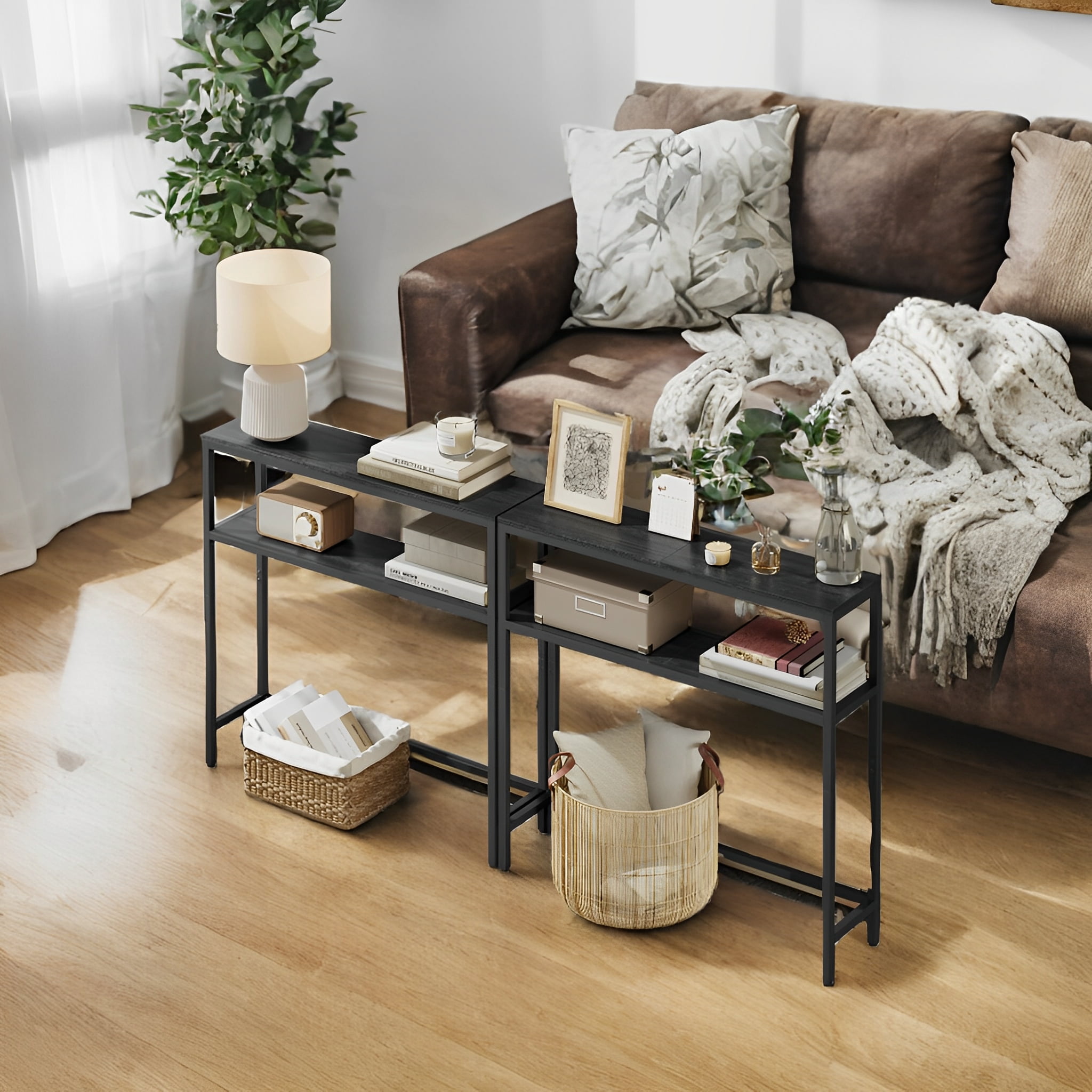 LEDREM 31.5" Modern 2-Tier Console Table, Narrow Sofa Table with Adjustable Feet for Entryway, Living Room, Charcoal Gray and Black