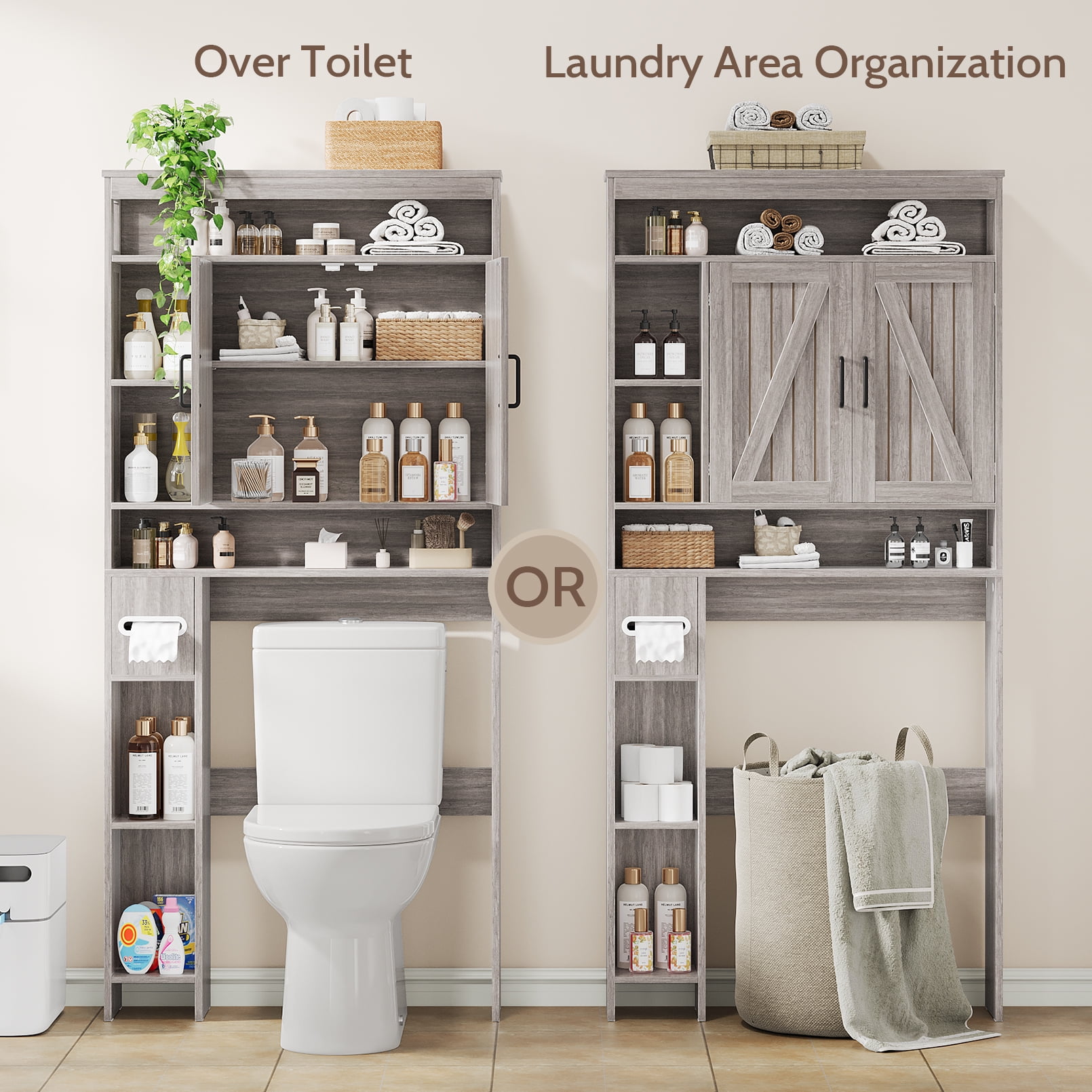 Vividwood Farmhouse Over-the-Toilet Cabinet with Soft Close Doors, Gray Wood