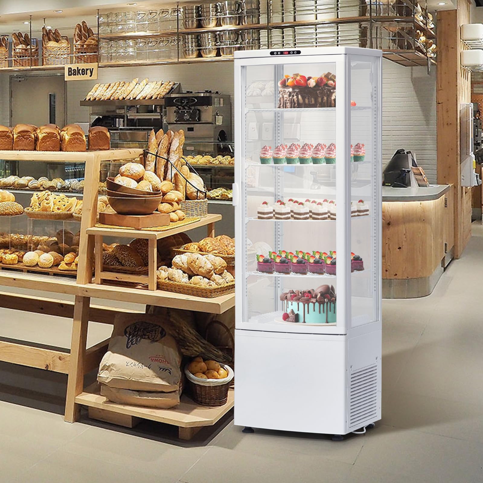 Commercial Cake Display Refrigerator, 8.4 Cu.FT Single-Door Merchandiser with Universal wheel, Interior LED Lighting, Double-Layered Glass, 110v
