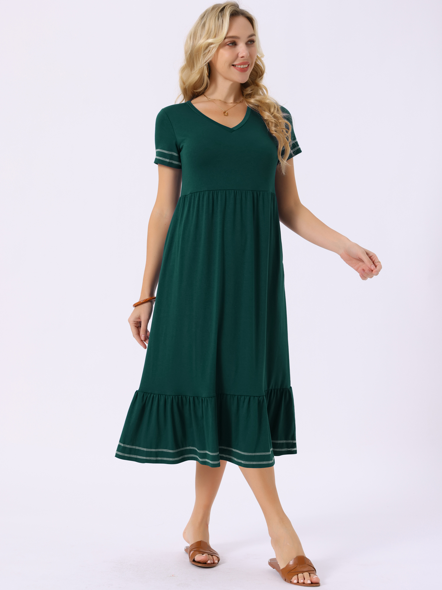 DARING DIVA Short Sleeve V Neck Contrast Trim Flowy Dress L Dark Green