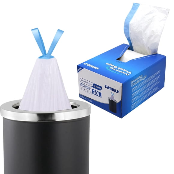 SWIHELP Drawstring Trash Bags, 8Gallon / 25-30L Medium Garbage Bags 150 Counts for Office, Kitchen, Waste Bin Liner, Rubbish Bags,Wastebasket Bags 52X60CM