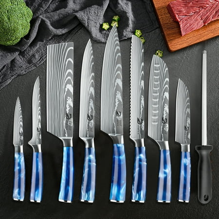 

MDHAND Kitchen Chef Knife Set 8-Piece Japanese Knife Set with Blue Resin Handle and Laser Damascus Pattern