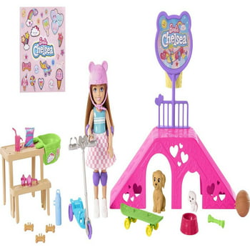 Barbie Chelsea Doll & Skate Park Playset with 2 Puppies, Ramp & 15+ Accessories, Brunette Small Doll