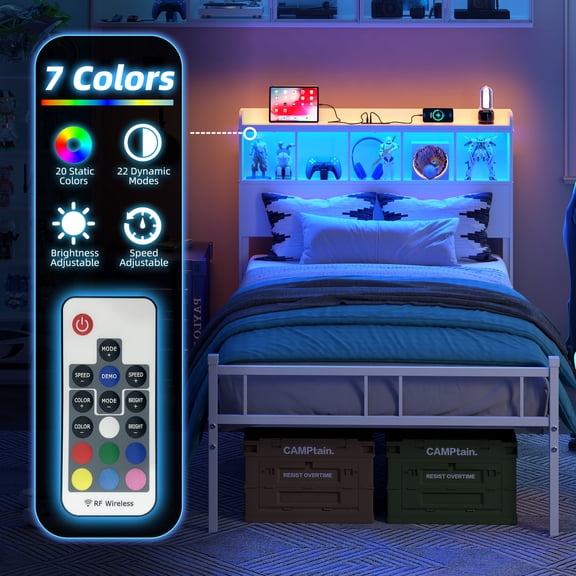 Yoneston Twin Platform Bed Frame with LED Storage Headboard & Charging Station, 2 -Tier Shelves and Under Bed Storage for Kids Teens, White