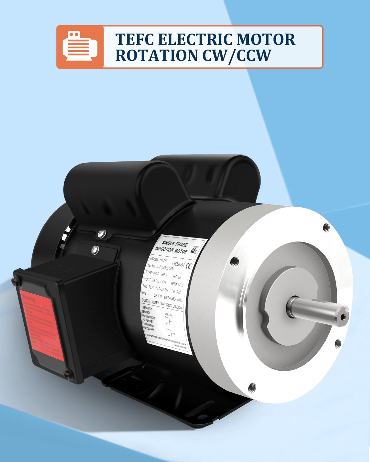 5HP Electric Motor 3450RPM General Purpose Single Phase Motor 208-230V 56C Frame 5/8" Shaft Diameter 60HZ TEFC