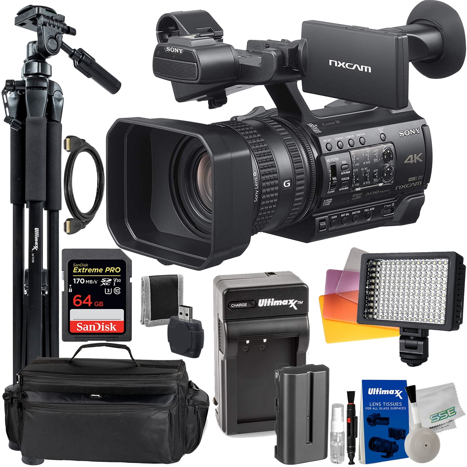 Sony HXR-NX200E 4K Camcorder (PAL) with Deluxe Bundle: SanDisk