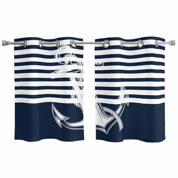 2 Panels Kitchen Tier Curtains 39 Inch Length, Navy Blue Anchor Grommets Window Treatment Curtain, Nautical Coastal Abstract Art Thermal Curtains Drapes for Living Room/Bathroom