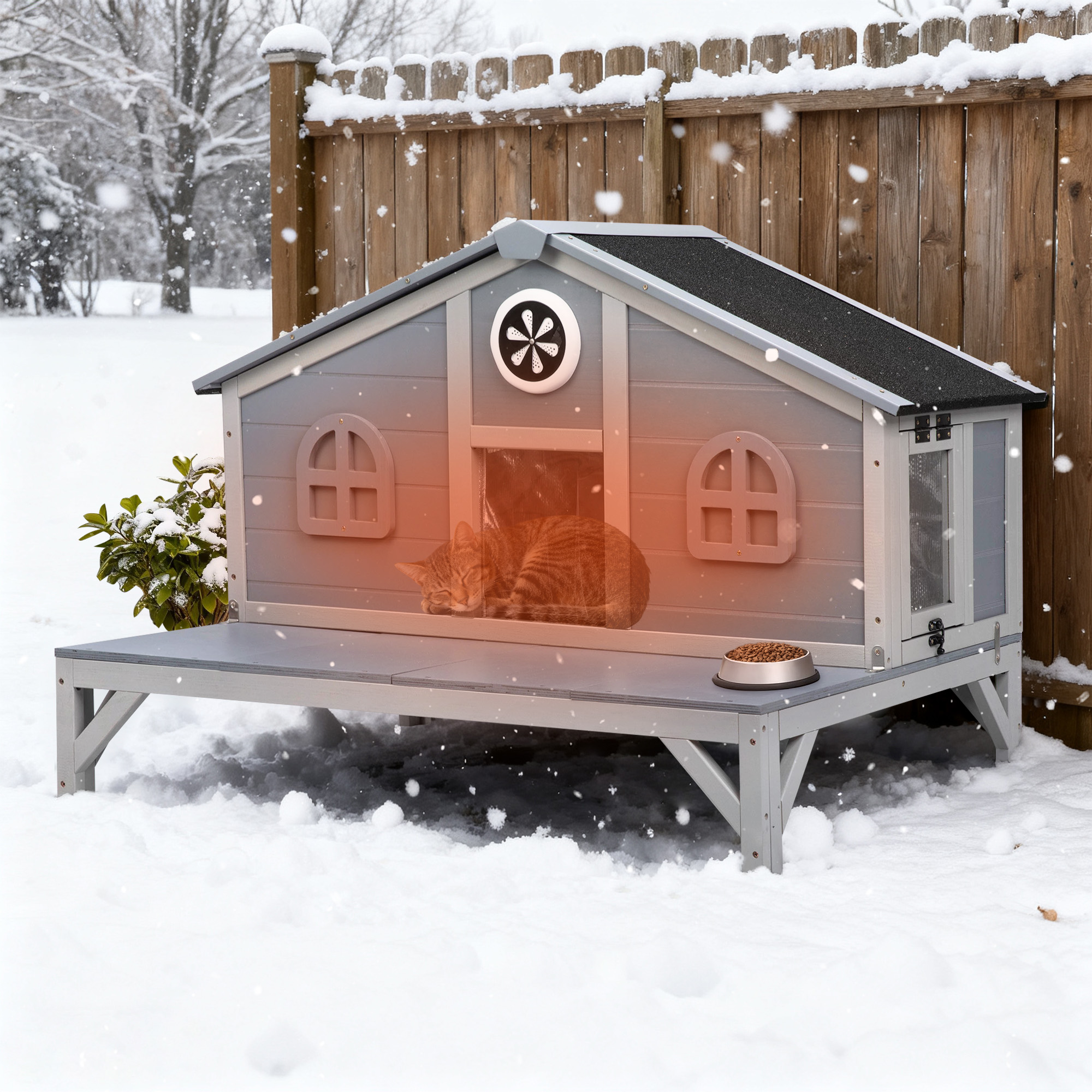 Insulated Wooden Cat House, Indoor Outdoor Cat Enclosure with Large Play Run Waterproof Roof, Fringe Curtain and Doors, Gray