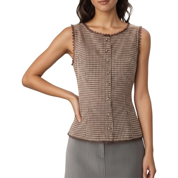 Plaid Button Tank Tops for Women Sleeveless Crew Neck Lace Vest Slim Fit Cotton Y2k Elegant Tops Casual Work Tops for Spring Summer(Brown,XL)