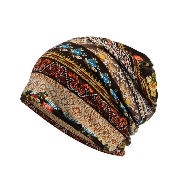 Bonnet Slouchy Style Bohémien Musulman Hijab Turban Extensible Protection des Oreilles Accessoires de Coiffure Bonnet Café floral