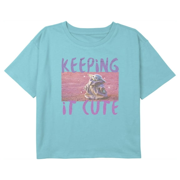 Girl's Star Wars: The Mandalorian Grogu Keeping It Cute Graphic Cropped T-Shirt Blue X Large