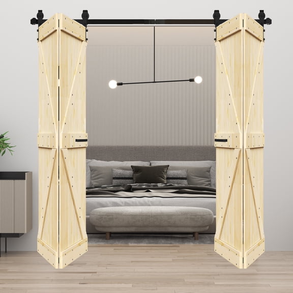 K Style 48 in. x 84 in. ( 12in x 84in x 4 Panels )Unfinished Solid Wood Bi-Fold Barn Door with 4.3ft Hardware Kit -Assembly Needed