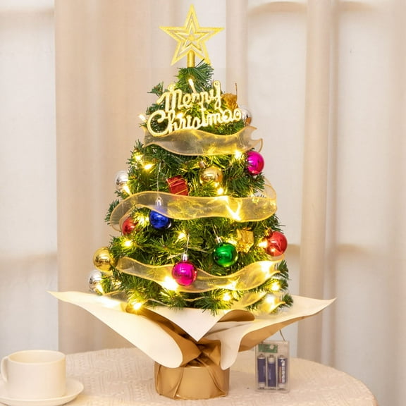 BOPORO 22" Tabletop Christmas Tree, Artificial Mini Xmas Pine Tree with LED String Lights and Ornaments, Pre-Lit Desktop Small Christmas Tree for Festive Party Holiday