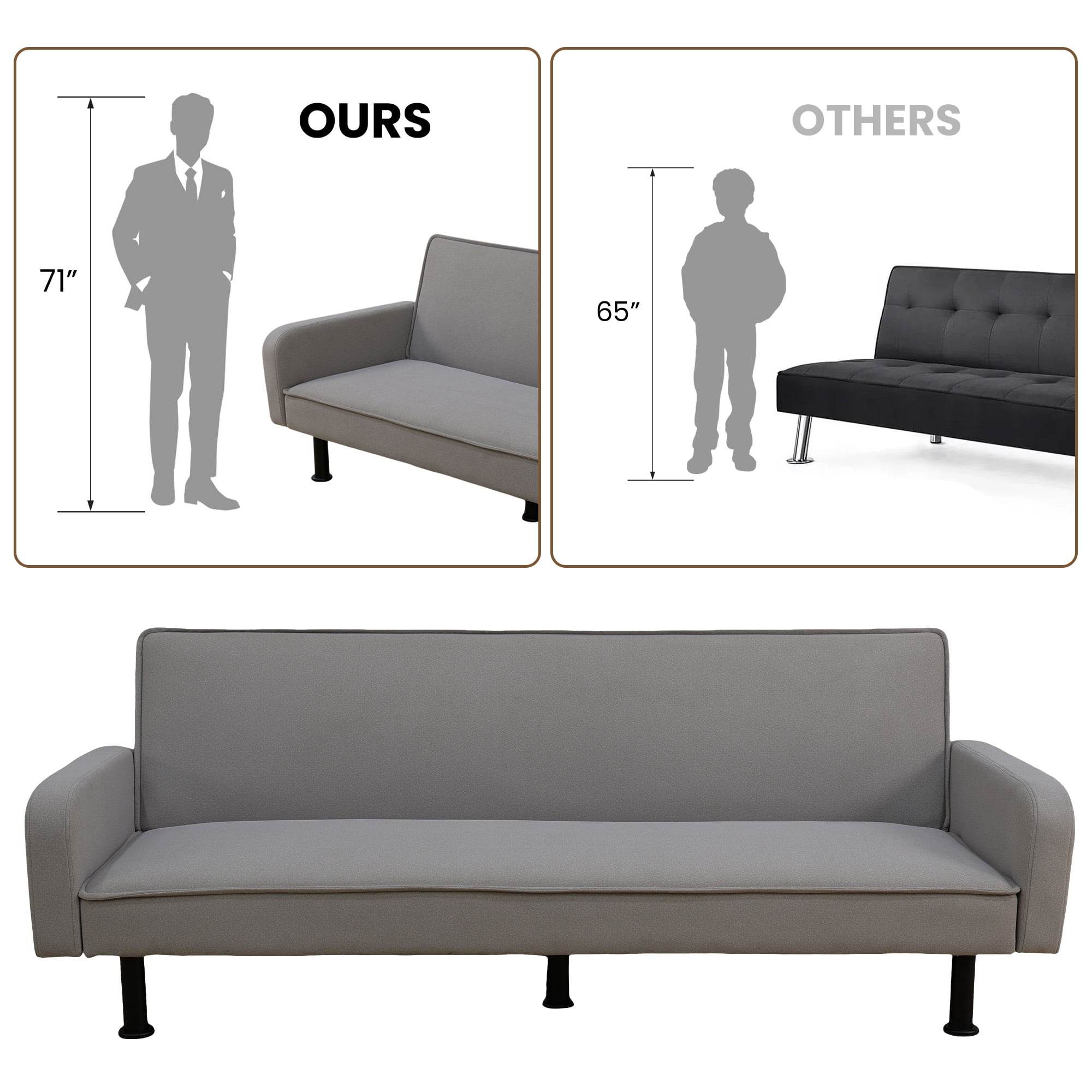 Aukfa 78" Square Arm Futon Sofa Bed Upholstered 3 Seat Couch for Home Office, Flannel, Gray