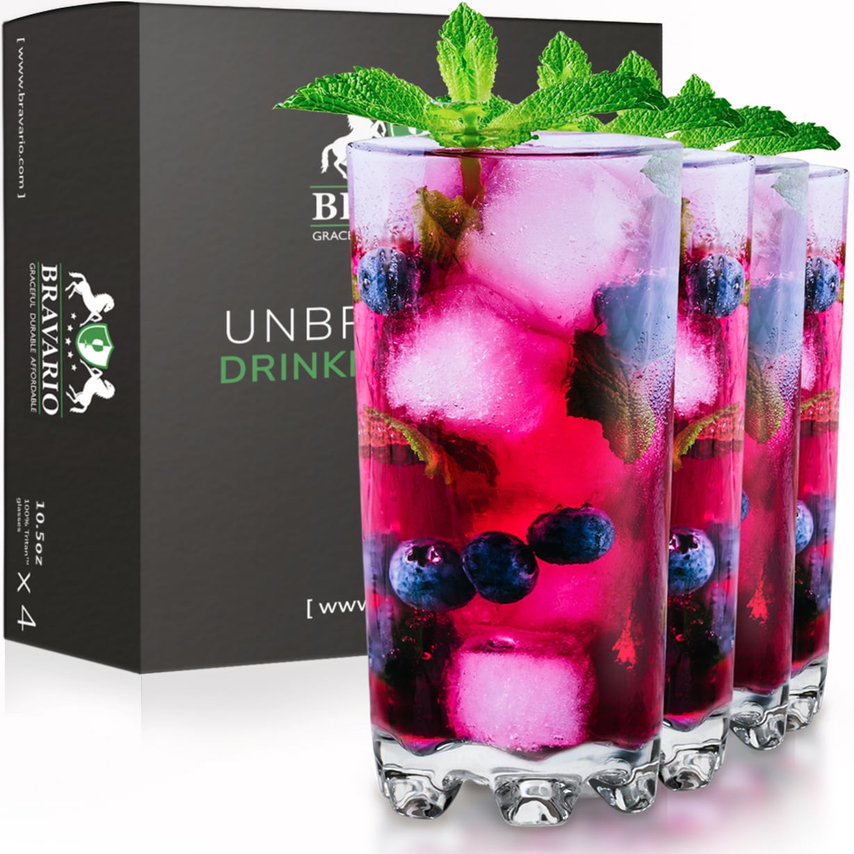 Bravario Unbreakable Plastic Drinking Glasses 10.5 oz | Dishwasher Safe Shatterproof 100% Tritan Water Tumblers | BPA Free Reusable Outdoor Highball Drinkware