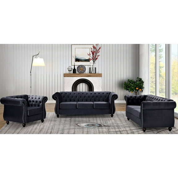 Uspridefurniture Fender 3 Piece Velvet Living Room Set,Black