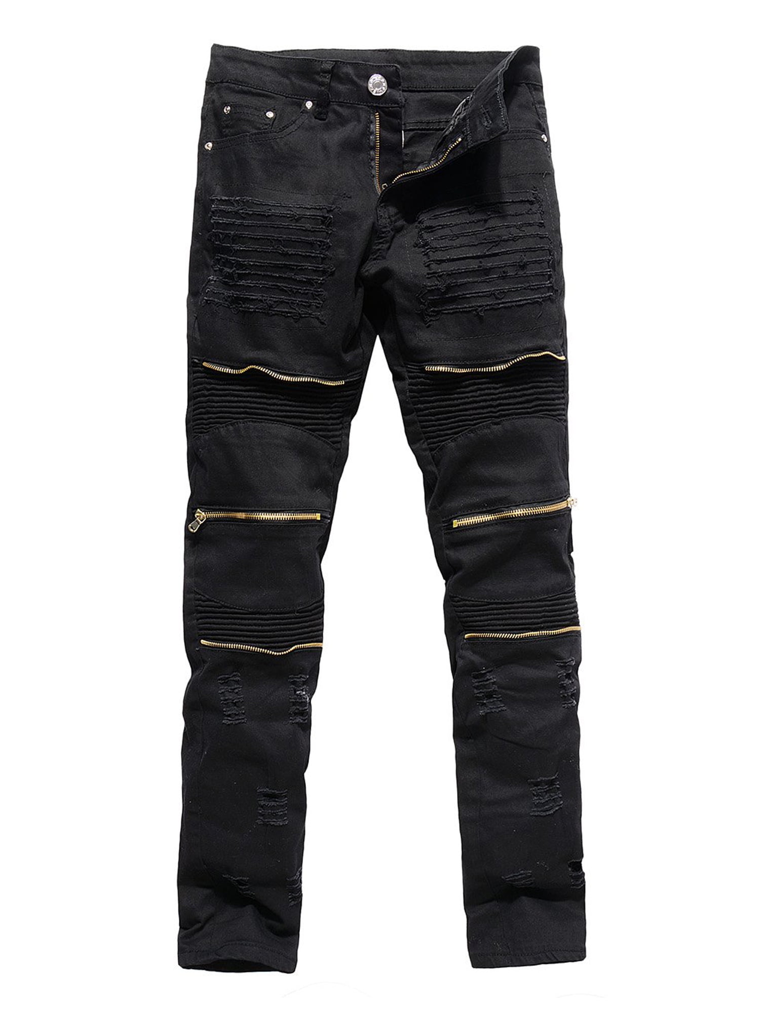 Bright Sun Black NO3 Mens Denim Biker Jeans Stretch Fashion Pants Zipper Ripped Slim Fit Casual #SHAS