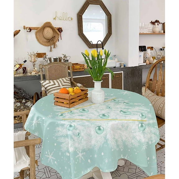 Teal Green Christmas Tree Tablecloth Square Table Cloth 60x60 , Waterproof Tablecloth Outdoor Table Cloth, Balls Snowflake Xmas Tree Washable Table Cover for Kitchen Dining Party