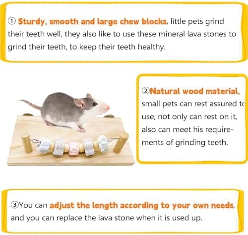 Large Syrian Hamster Wood Ledge Platform with Lava Stone Block Chew Toys Chinchilla Cage Resting Wooden Shelf for Guinea Pig Rat Mouse