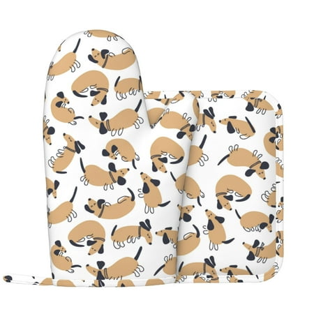 

Dachshund Dog Puppy Interesting Oven Mitts and Pot Holders Sets with 1 Non-Slip Left Silicone Oven Mitts and 1 Heatproof Insulated Hot Pads for Kitchen Use in Cooking Baking Grilling
