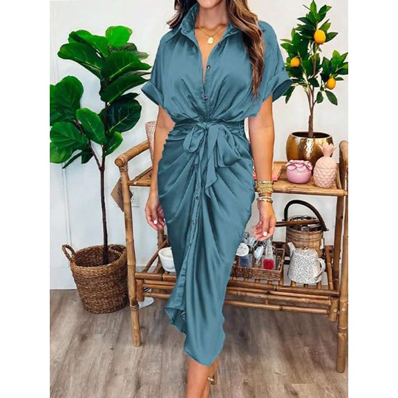 Blue Green Satin Shirt Dress With Ruched Waist And Self-Tie Belt