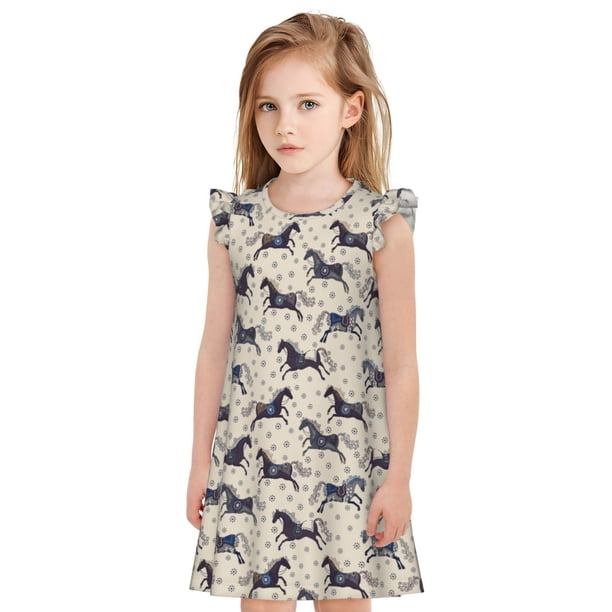 Fotbe Horse Vestido de Dormir para Niñas de 3 a 10 Años, Mangas Cortas, Estilo Princesa, Pijama Camisón con Mangas Voladas-Large