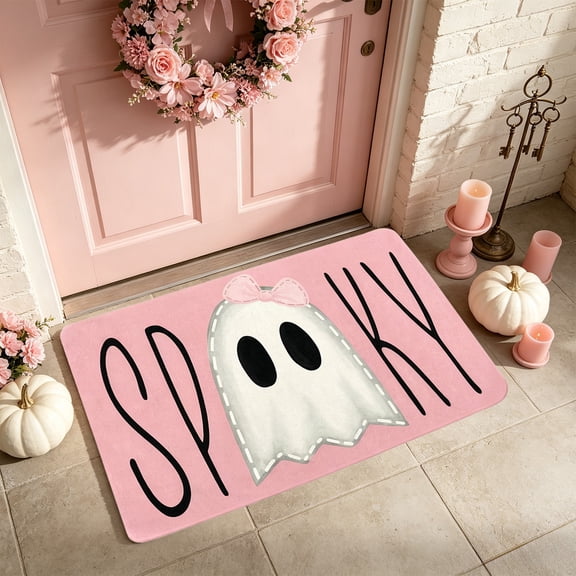 Byndra Pink Halloween Ghost Doormat, Non Slide Front Door Welcome Rug, Spooky Cute Entry Mat for Indoor Outdoor Porch, Patio, Entryway, Fall Decor, Home Decor