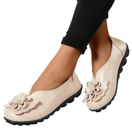 Oyedens Womens Slip on Loafers Comfortable Walking Shoes Bohemia Flower Casual Leather Ballet Flats
