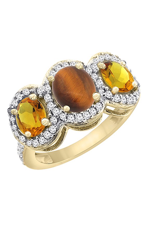 14K Yellow Gold Natural Tiger Eye & Citrine 3-Stone Ring Oval Diamond Accent, size 5