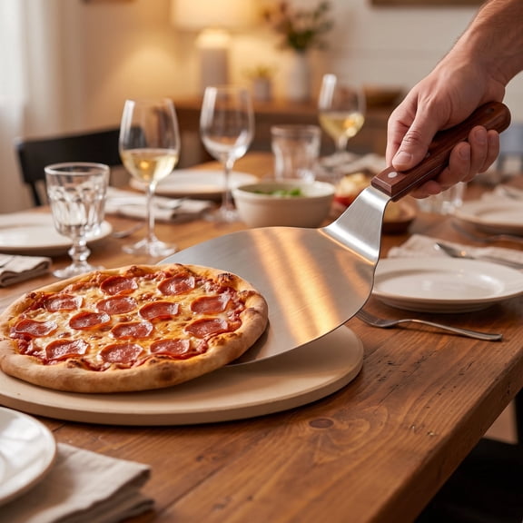 Pizza Spatula, Heavy Duty Stainless Steel Turner & Cake Server with Wood Handle – 8 inch Round Blade for Easy Baking and Serving