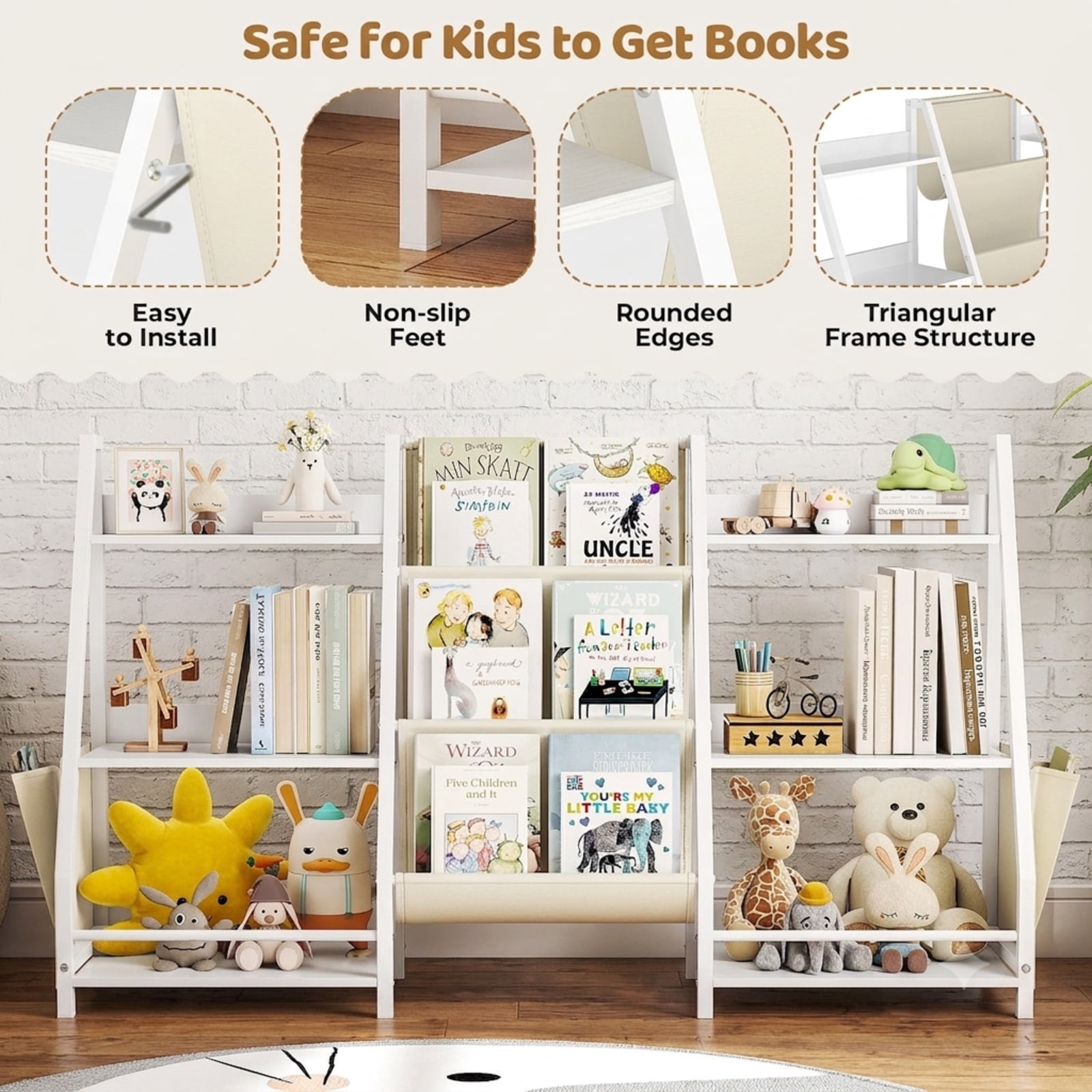 Fenbeli 3-Tier Kids Bookshelf Toy Storage Organizer with 2 Side Pockets for Bedroom and Nursery, White