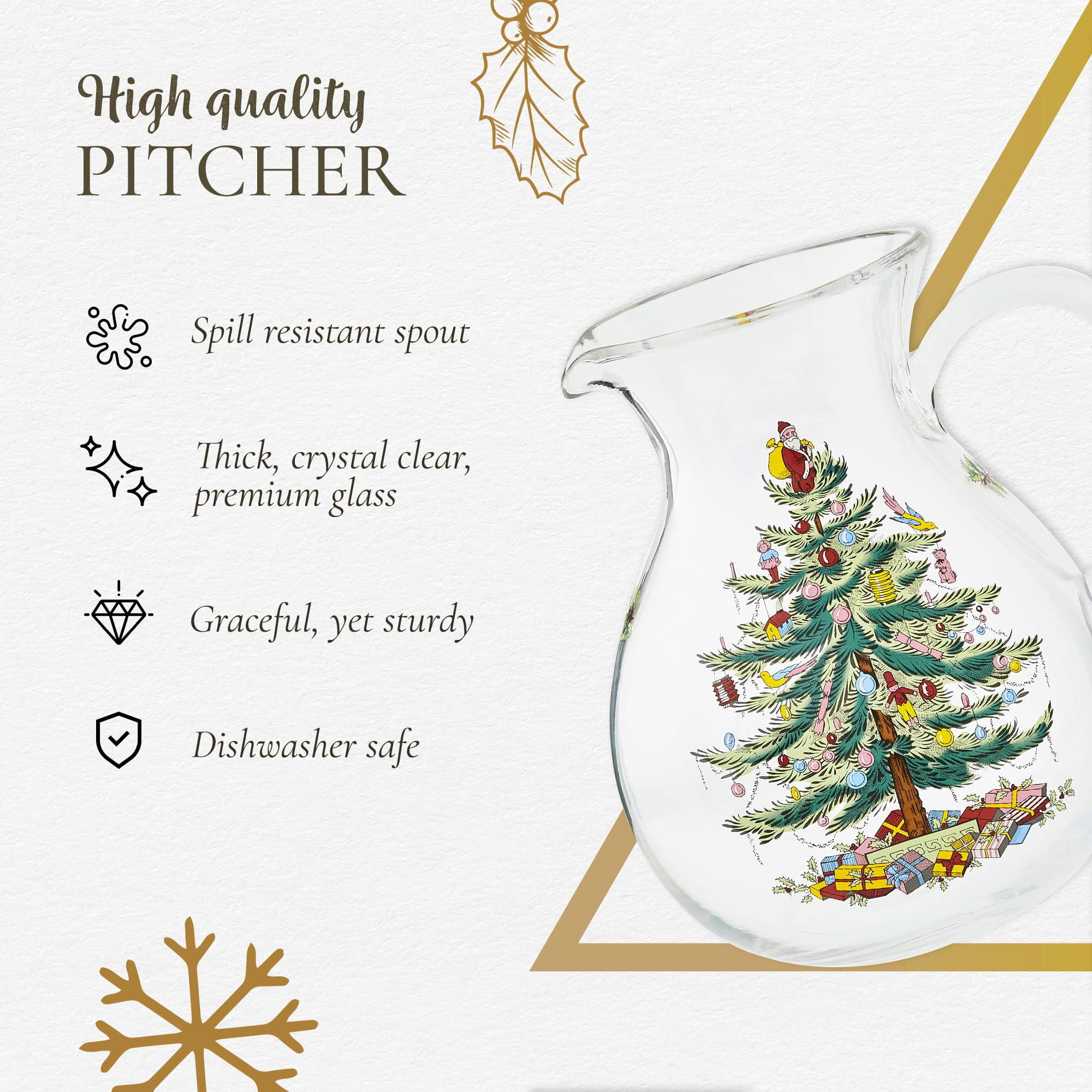 Spode Christmas Tree Glass Pitcher - Festive 96 Oz Large Glass Pitcher for Holidays, Crystal-Clear Beverage Pitcher with Handle for Cocktails, Water, Juice, Lemonade - Dishwasher Safe