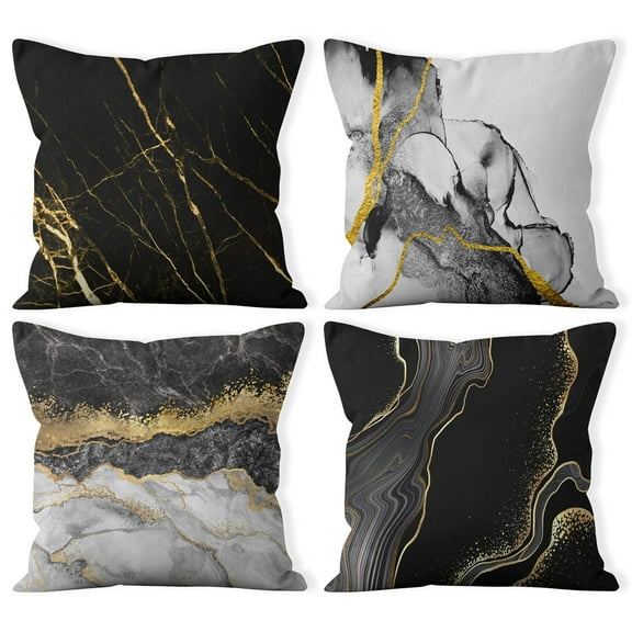 Sohindel 18” x 18” Black and Gold Abstract Marble Polyurethane Decorative Pillow Covers (4 Count)