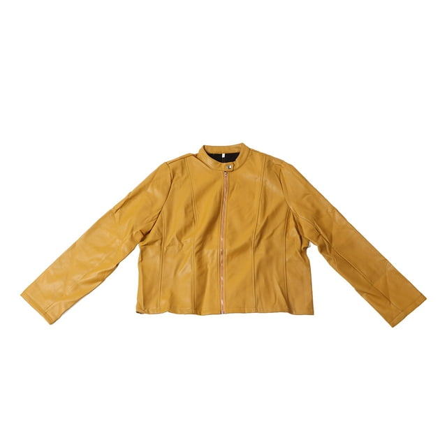 Chaqueta de cuero sintético con botones y cremallera para mujer, chaqueta de traje con cuello levantado, ajustada, informal, a la moda, color amarillo XXL