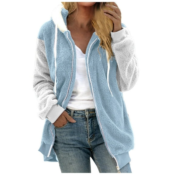 IROINNID Shearling Jacket for Women Winter Fall Zip Up Long Sleeve Drawstring Hood Jacket Warm Fuzzy Shearling Jacket,Light Blue